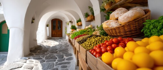 A picturesque market scene featuring vibrant fruits, vegetables, and bread displayed in a quaint, arched passageway.