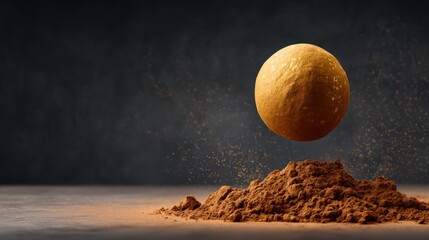 A levitating golden sphere above a mound of brown powder, creating an intriguing and dynamic visual effect against a dark background.