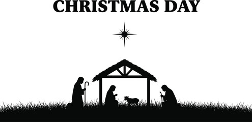 Obraz premium Silhouette of nativity scene with christmas day text, minimalist holiday design