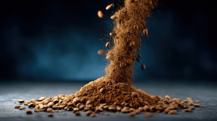 A dynamic image of coffee grounds and beans, showcasing a dramatic explosion of texture and flavor against a blurred background.