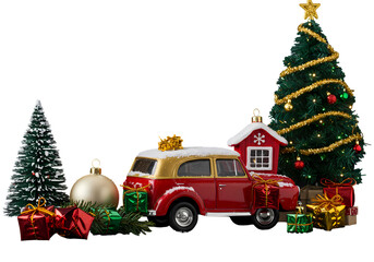 Festive red car carrying Christmas gifts and cheer