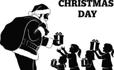 Santa claus giving gifts to children on christmas day silhouette illustration