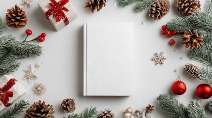 Blank white greeting card mockup on festive Christmas background with pine branches ornaments and bokeh lights template with copy space for branding invitation design and social media