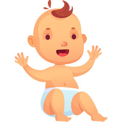 Joyful toddler wearing a diaper sitting with arms raised in a playful gesture on a white background with soft lighting and a happy expression