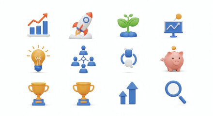 Fototapeta premium 3D Business Growth and Success Icon Set Featuring Concepts of Innovation, Teamwork, Financial Development, and Achievement for Modern Digital Projects