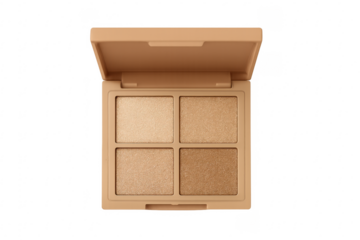 Eyeshadow palette displaying nude shimmer cosmetics with transparent background