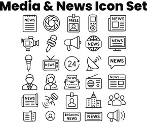 Press Reporter Equipment and Media Tools Outline Vector Collection
