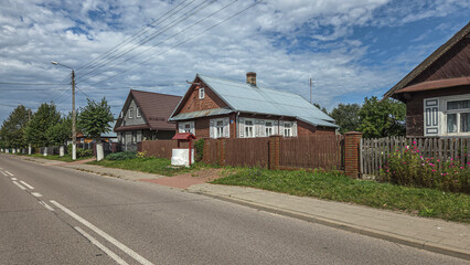Historic wooden houses in the village of Trzescianka, Poland.