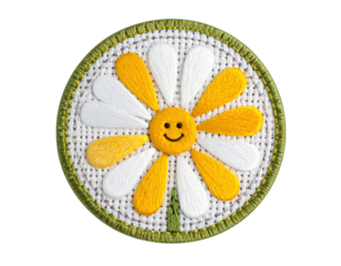 Handmade Daisy Coaster with Smiling Face Center and Green Border.