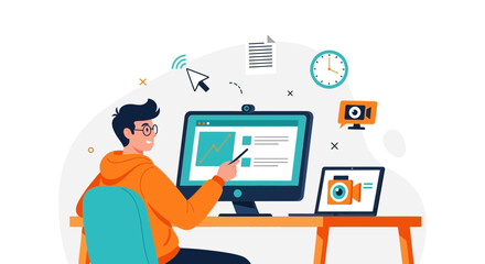 Online education concept illustration: student with devices for remote learning