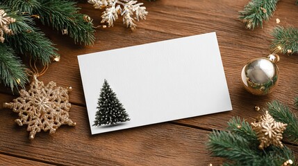 Blank Christmas greeting card mockup on wooden background with evergreen tree branch and festive ornaments, holiday template with copy space for branding invitations product display and social media