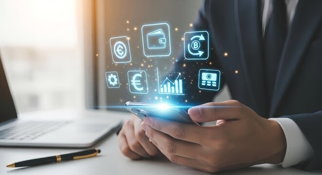A person in a suit using a smartphone with floating digital finance and business icons - Powered by Adobe