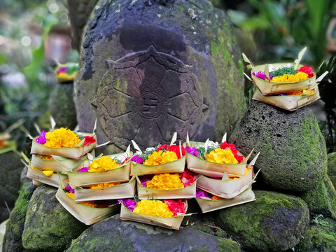 Balinese daily offerings, placed in the front of the holy statue