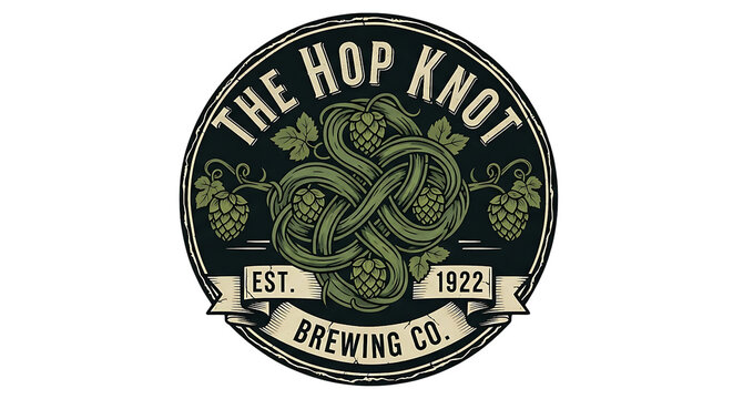 Vintage "The Hop Knot Brewing Co." Logo with Celtic Knot Made of Hop Vines and Cones