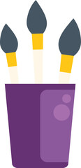 Three paintbrushes stand in a purple cup, poised for artistic expression
