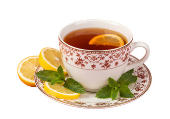 Enjoy refreshing lemon tea with mint leaf garnish