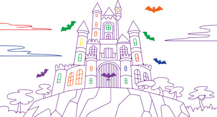 Colorful castle with flying bats and swirling clouds
