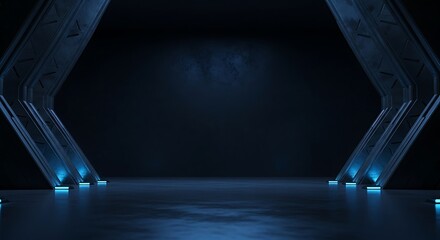 Futuristic hexagon portal with blue neon lights and dark concrete floor