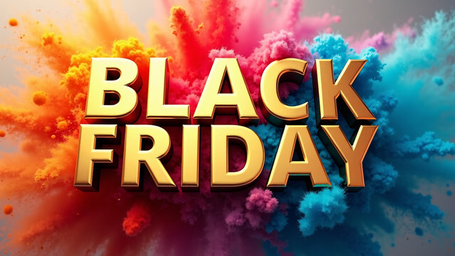 Golden “BLACK FRIDAY” erupts from powder clouds—orange, pink, blue, and gray swirl in festive impact.
 - Powered by Adobe