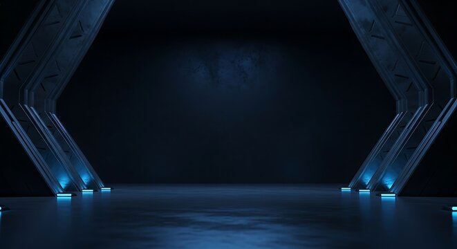 Futuristic hexagon portal with blue neon lights and dark concrete floor