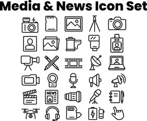 Modern Digital Media Drone Camera and Live Signal Icons Set
