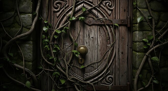 Mysterious Ancient Doorway Enshrouded in Vines and Shadow.