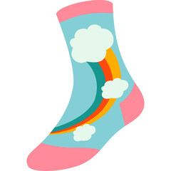 Light Blue Sock with Rainbow and Clouds Pattern Pink Toe and Cuff Detailed Childrens Apparel Design with Whimsical Elements