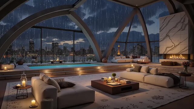 An incredibly luxurious penthouse with an indoor swimming pool and a fireplace, under a stunning arched ceiling. The large windows reveal a rainy city skyline at night.