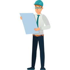 Male Engineer Wearing Blue Hard Hat and Glasses Holding Blueprint Documents and Analyzing Plans Professionally