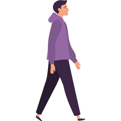 Male Figure Walking Side Profile in Lavender Hoodie and Dark Pants on Transparent Background