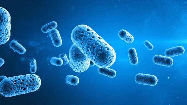 Bacteria Microscopic Animation on Blue Gradient Background with Soft Lighting Simulation Seamless Loop Exploring Pathogens Microbiology Medical and Pharmaceutical Research Visuals