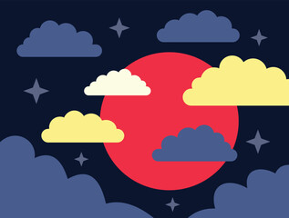Colorful clouds partially covering a red planet in a starry night sky, simple flat vector illustration