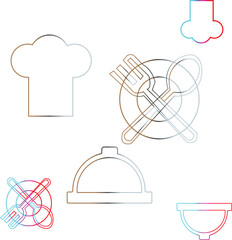Collection of colorful line art icons for cooking and dining themes.