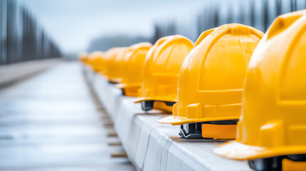 A row of bright yellow safety helmets lined up neatly, symbolizing construction work and occupational safety on a job site.