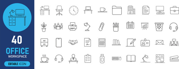 Office Workspace line art icons set on white background. Minimal icon pack, Collection of meeting, team, workplace, office desk, work, computer, wall clock, calendar, monitor. Editable icon set