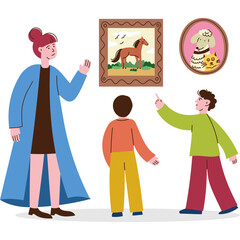 Woman and two children observe framed artwork horse painting and pet portrait on wall with transparent background and white floor