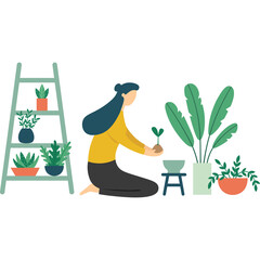 Woman Caring For Houseplants On A Transparent Background With A Ladder And Large Green Leaves A Small Seedling Is Being Planted In A Pot © arifnurahmansisz
