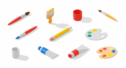 Isometric illustration of various art supplies collection: paintbrushes, palettes, paint tubes, and pencils, isolated on white background.