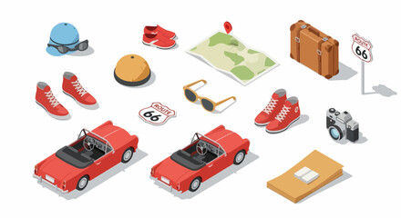 Isometric Road Trip Essentials: Vintage Cars, Route 66 Signs, Luggage, Map, and Travel Gear Collection