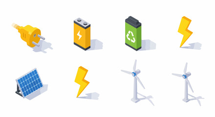 Isometric energy icons set: electrical plug, batteries, lightning, solar panel, and wind turbines, representing power and sustainability. © Asep