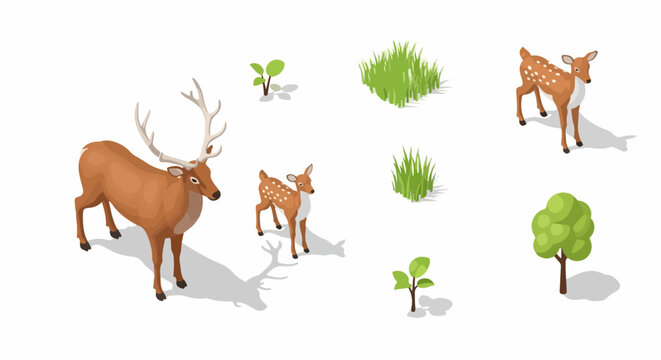 Isometric wildlife and nature assets set featuring a stag, two fawns, grass tufts, and small trees isolated on a white background for environment design.
