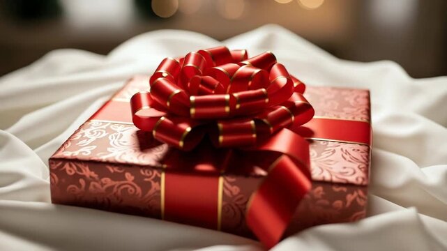 Elegant red gift box with ornate pattern and ribbon
