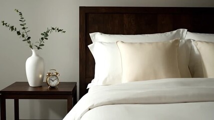 A cozy bedroom scene featuring a dark headboard, crisp white bedding, and elegant bedside decor - Powered by Adobe
