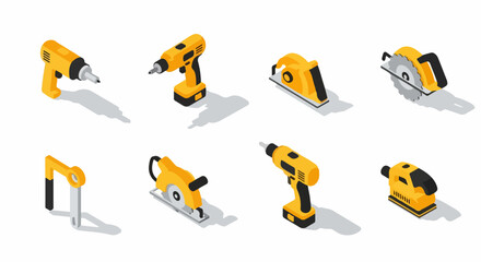 Isometric set of yellow power tools: industrial drill, circular saw, sander, and planer icons for construction and repair concepts.