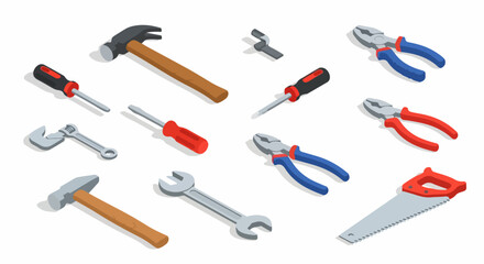 Isometric vector illustration set of construction and repair hand tools, including hammers, screwdrivers, pliers, wrenches, and saw on white background.