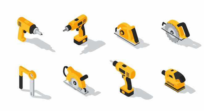 Isometric set of yellow power tools: industrial drill, circular saw, sander, and planer icons for construction and repair concepts. - Powered by Adobe