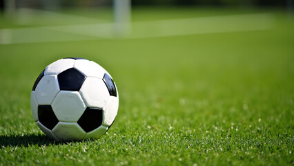 Fototapeta premium Soccer ball rests on green pitch—goalpost behind, daylight captures simplicity and global passion. 