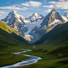 Majestic Alpine Landscape - Snow-Capped Peaks and Serene Valley.