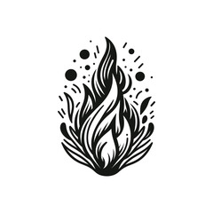 Naklejka premium A stylized black and white illustration of a dynamic flame with sparks and decorative elements.