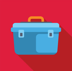 Closed light blue lunch box with orange handle, latches, and long shadow on red background